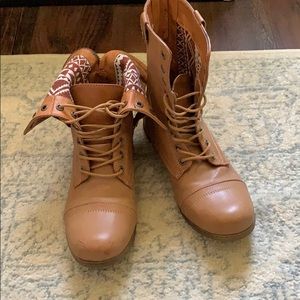 Brown, tall, tribal, foldover, combat boots